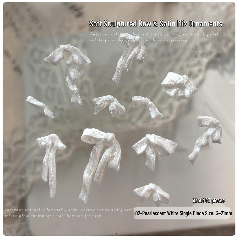 Pearlescent White & Pink Satin Ribbon Bow Nail Art Decorations Mixed Pack