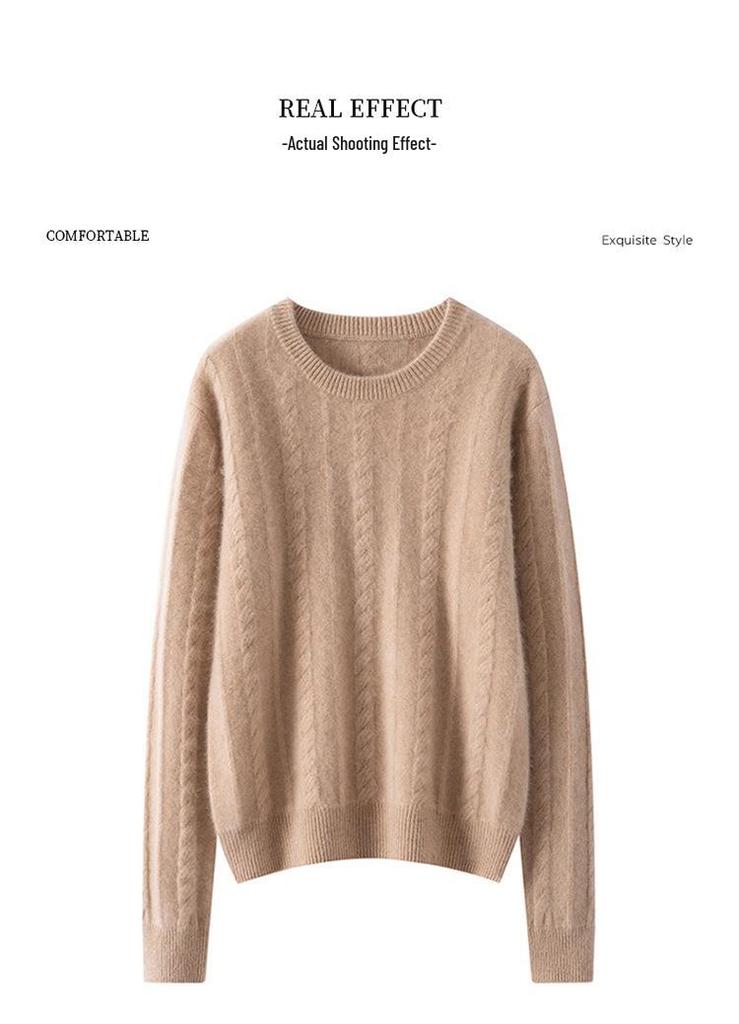 Women's Solid Color Cashmere Pullover: Round Neck, Seven-Stitch Cable Knit, Comfortable and Gentle Style, Warm Base Layer Sweater.