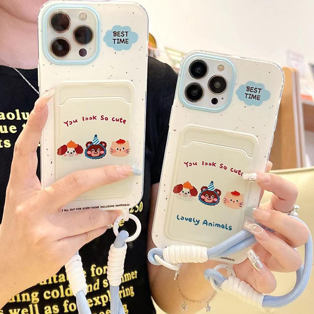 Three Animal Lanyard In English Apple 16promax15 Phone Case  Iphone14 Protective Case  Creative Cartoon