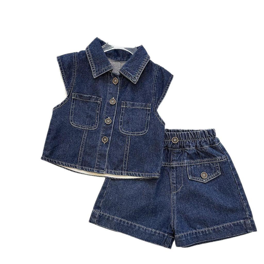 Girls' Trendy Korean Style Denim Vest & Shorts Set - Summer 2026 Fashion