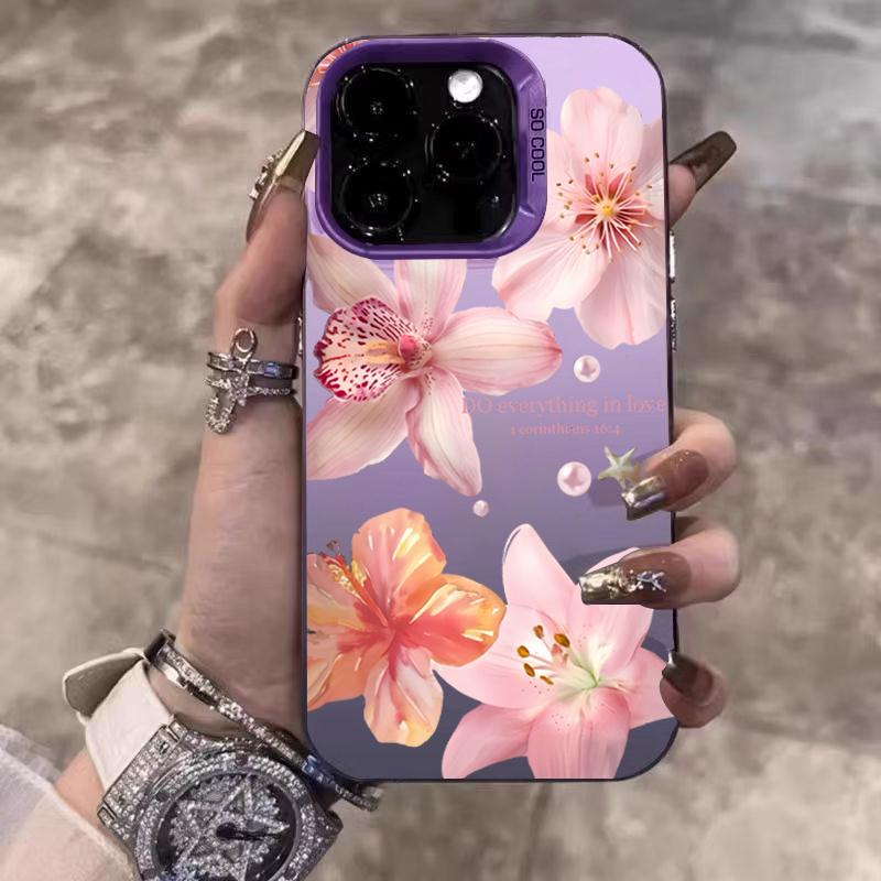 Lily Flower Print IMD Material Silvery Phone Case for iPhone 16 E 15 14 13 12 11 Pro Max XS XR X 7 8 15 16 Plus Shockproof Cover