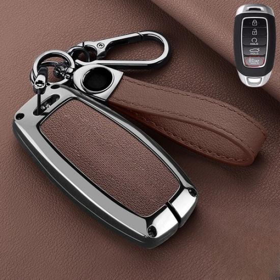 Zinc Alloy Leather Car Remote Key Fob Case Cover For Hyundai Palisade Elantra GT