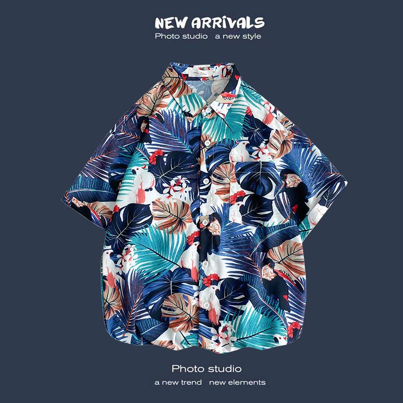 Letnia Koreańska Retro Kwiatowa Para Luźna Koszula z Krótkim Rękawem - Męski Modny Styl