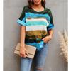 Summer Women Fashion Gradient Striped T-shirt Loose Round Neck Casual Top