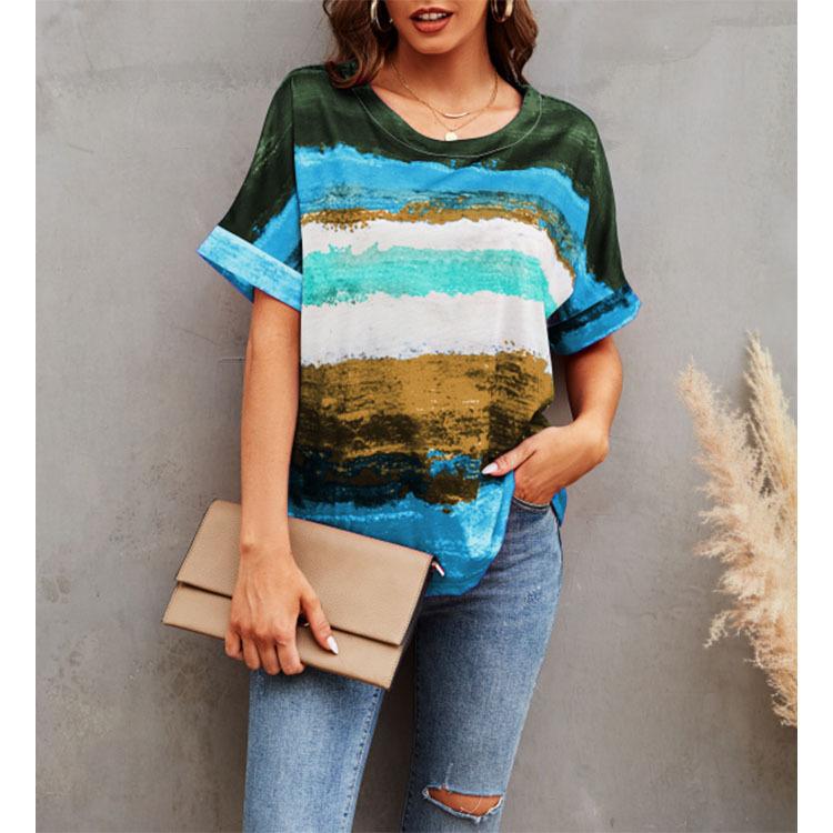 Summer Women Fashion Gradient Striped T-shirt Loose Round Neck Casual Top