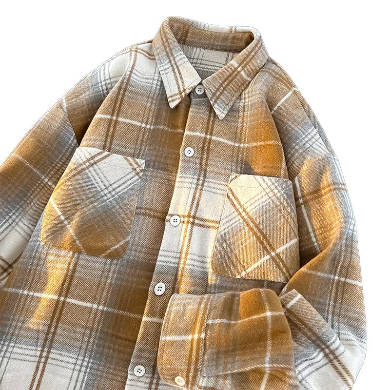 Japanese Retro Men's Contrasting Color Plaid Long-sleeved Shirt Loose Jacket Men and Women's Shirt Versatile Jacket