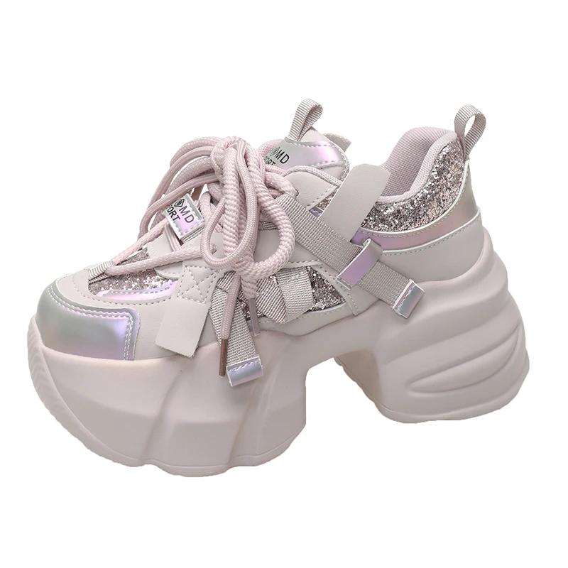 Fashion 7CM Autumn Women Chunky Outdoors Sneakers High Platform Sports Dad Shoes Woman Bling Casual Vulcanized Shoes Zapatillas Mujer