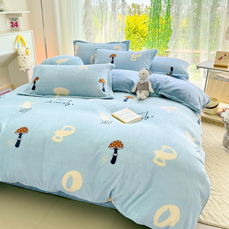 

Утолщенный четырехпредметный комплект с принтом из молочного флиса, теплый флис, коралловый флис, приятный к коже, для студенческого общежития 150 * 200 single quilt cover