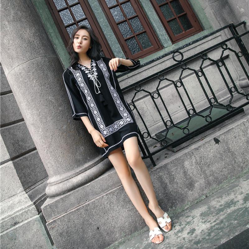 

Real Shot Summer Dress: Black Slim Cotton-Linen Embroidered Travel Outfit (F067) Small чёрный