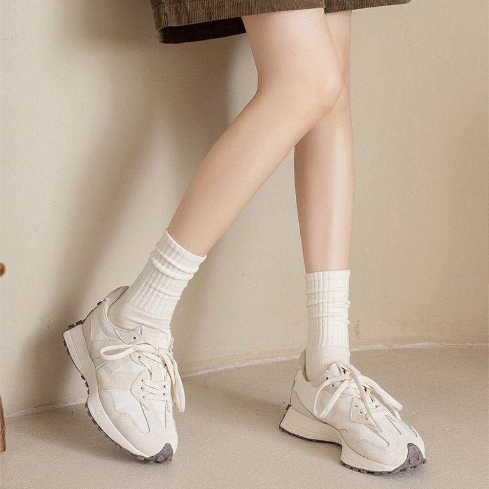 6 pairs Cotton Middle Tube Socks Solid Color Cuffs Ruffles Socks New Knitted Long Socks Fall Winter