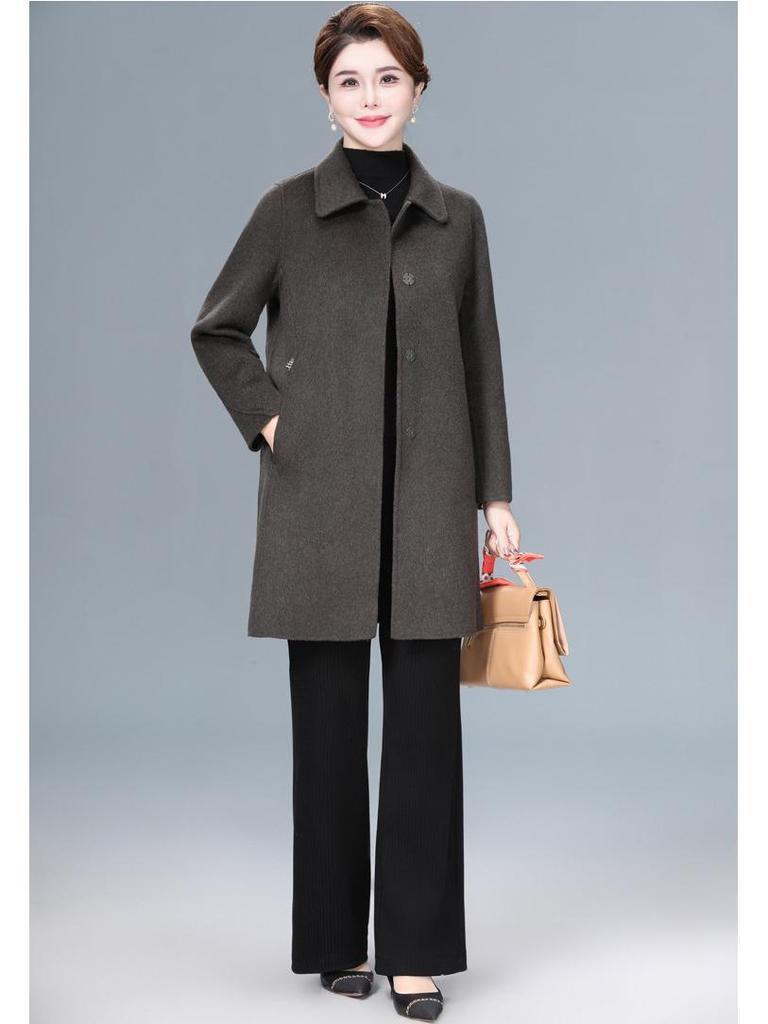 Women's Plus Size Mid-Length Wool Coat - Double-Sided, Fashionable Autumn/Winter Outerwear for Middle-Aged and Elderly