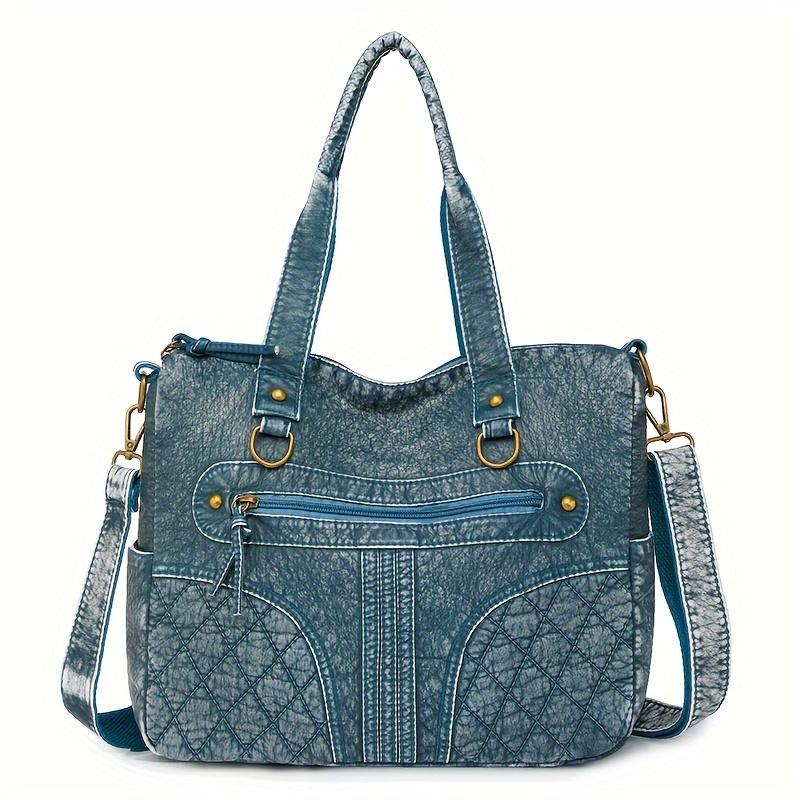 

Сумка-тоут из искусственной кожи в винтажном стиле со съемным ремешком-молнией и подкладкой из полиэстера. Женская модная сумка без узоров. синий