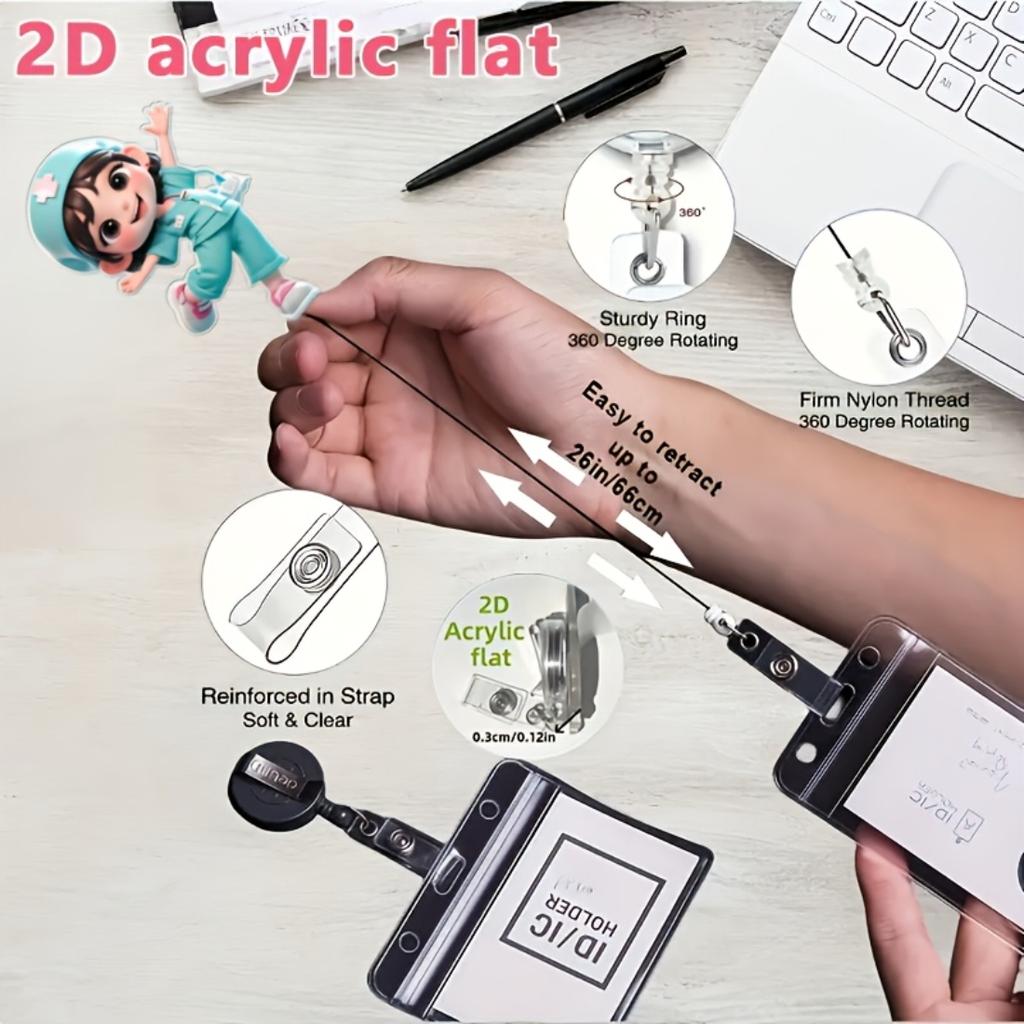 2D Flat Acrylic Nurse Girl With Nurse Cap Retractable Badge Reel, Sturdy Medical ID Tag Clip Accessory For Medical Students Nurses And Hospital Worker
