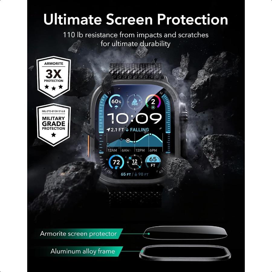 Armorite Screen Protector for Apple Watch Ultra 2 Ultra 49mm Military Grade Protection Tempered Glass Film with Aluminum Alloy