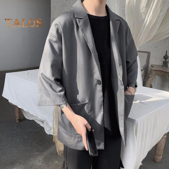 Men Suit Coat Solid Color Spring Summer Suit Jacket Single-Button Lapel Design 3/4 Sleeve Loose Fit Casual Business Outerwear