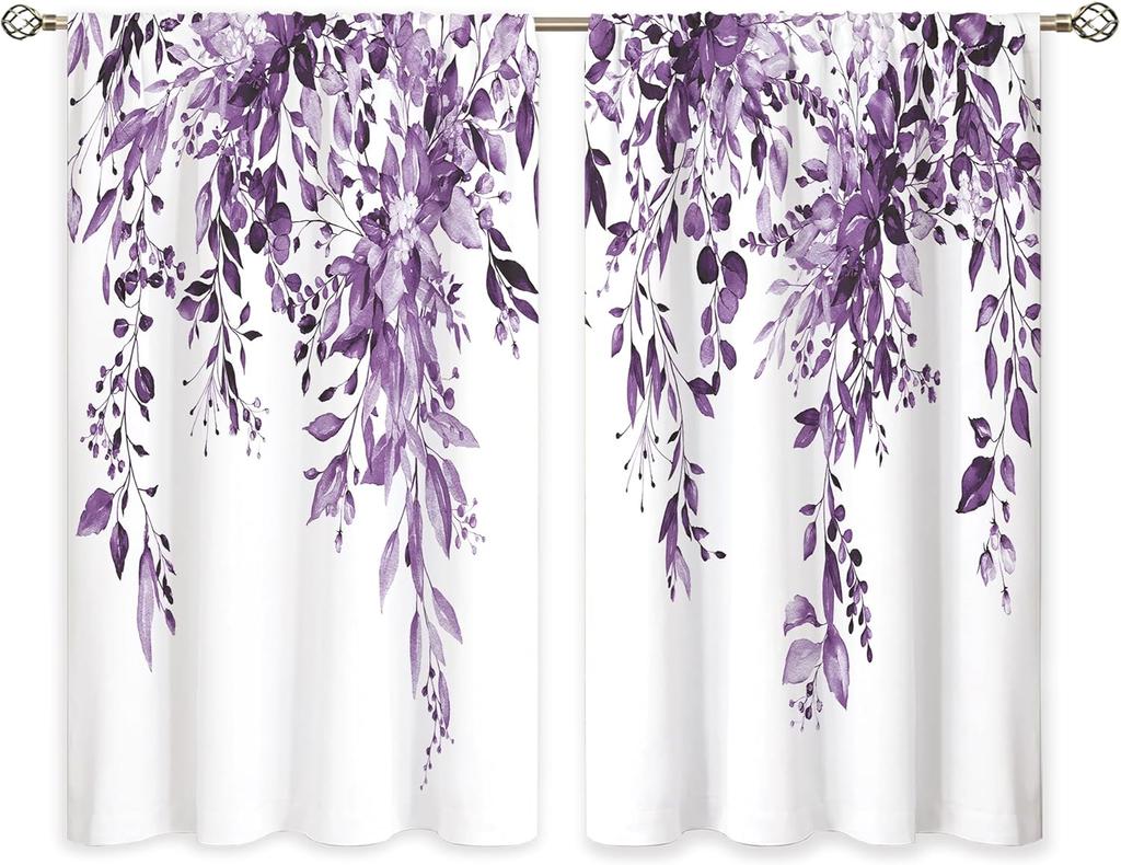 Eucalyptus Botanical Leaves Purple Floral Kitchen Window Curtains Over Sink Farmhouse Flower Leaf Small Window Treatment Cafe Sh