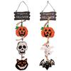2PCS Halloween Wooden Hanging Decorations Wood Pumpkin Ghostly Skull Wall Hanging Ornament for Front Door Mantels Window