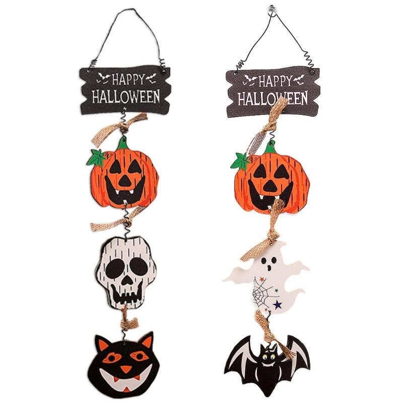 

2PCS Halloween Wooden Hanging Decorations Wood Pumpkin Ghostly Skull Wall Hanging Ornament for Front Door Mantels Window 1