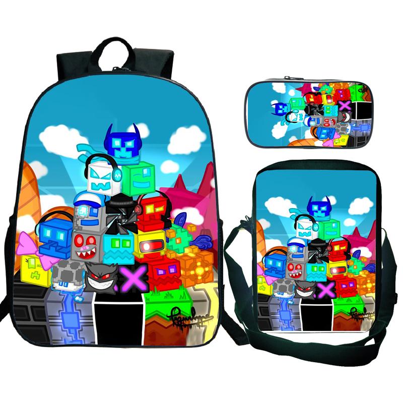 Angry Geometry Dash Backpack 3pcs School Bag Waterproof Student Girls Boys Children Mochila with Pen Bag
