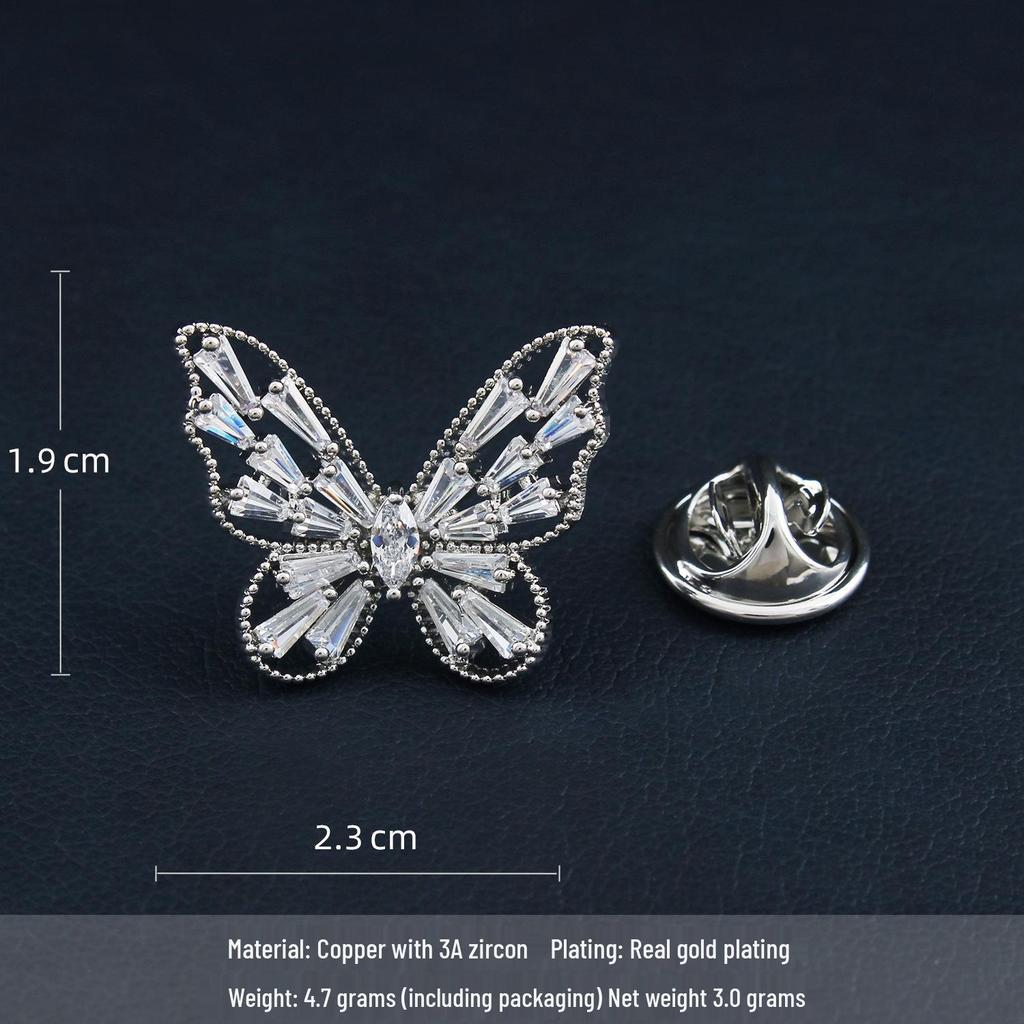 Exquisite Zircon Butterfly Brooch - Women's High-End Lapel Pin with Anti-exposure No-Sew Button