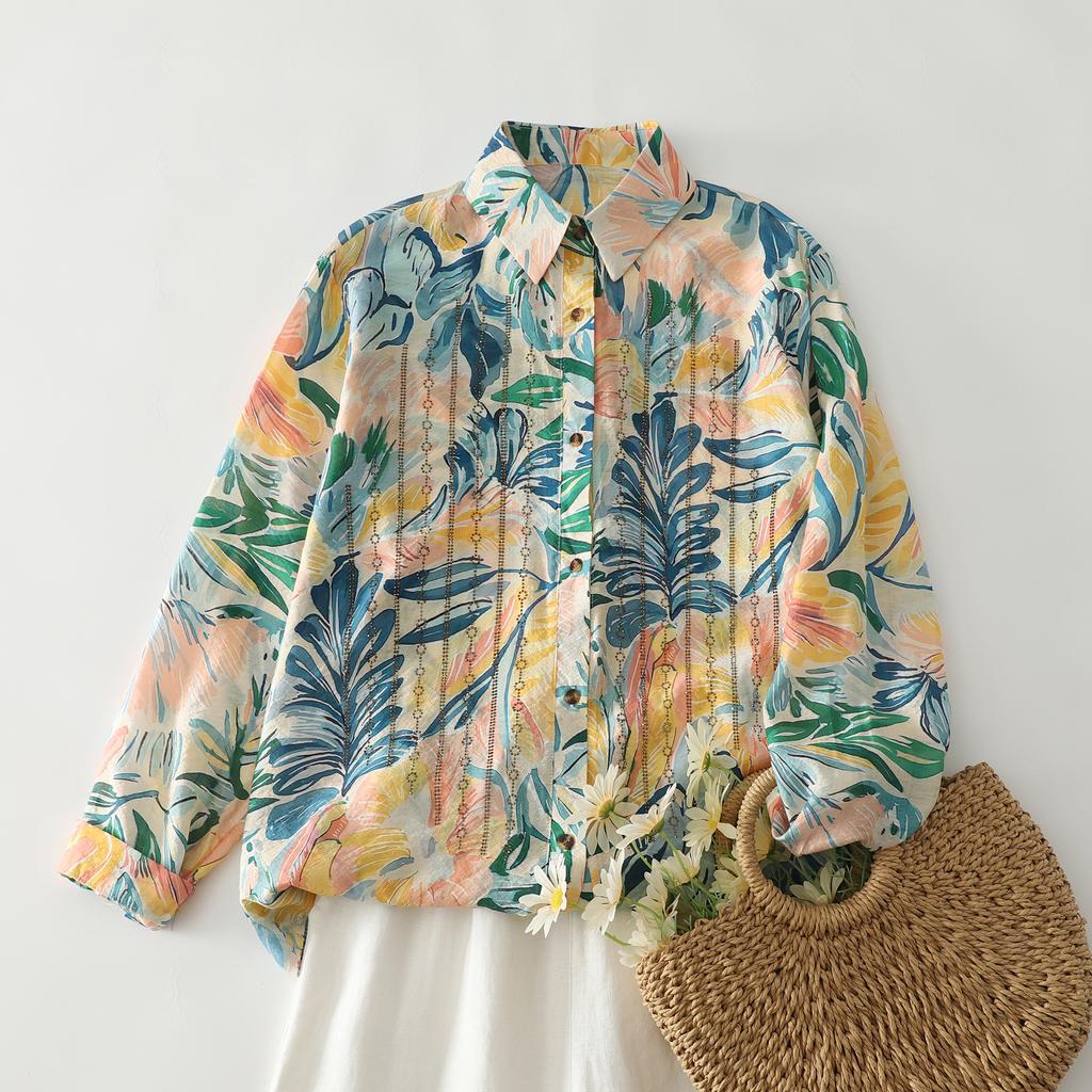 DIMANAF 2026 Neues Sommer Damen Übergröße Oberteile Hemden Lässig Locker Bluse T-Shirts Druck Blumenmuster Langarm Knopf