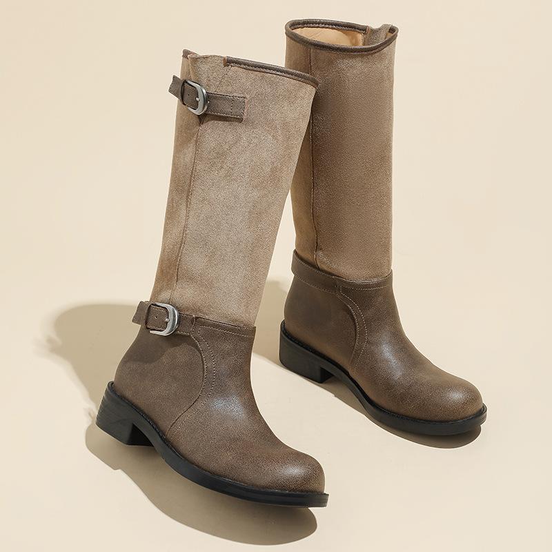 

Dong Jie retro wide knight boots women s flat boots big tube circumference high boots western boots stacking boots 35