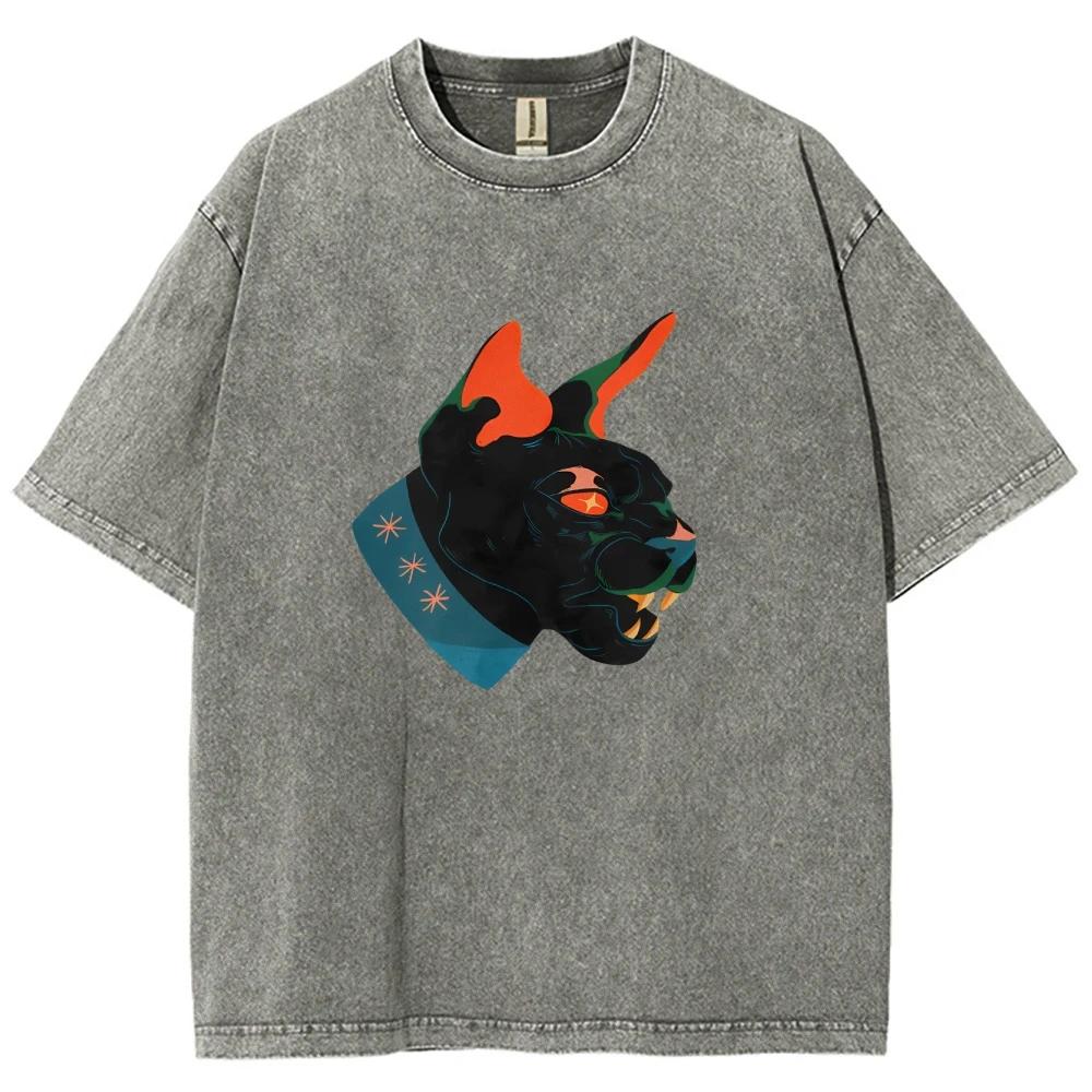 Unisex Fit Washed T-Shirt Cool Cat Tees Shirts Men Women Short Sleeve T-shirts Cotton Oversized Y2K T-shirt Streetwear