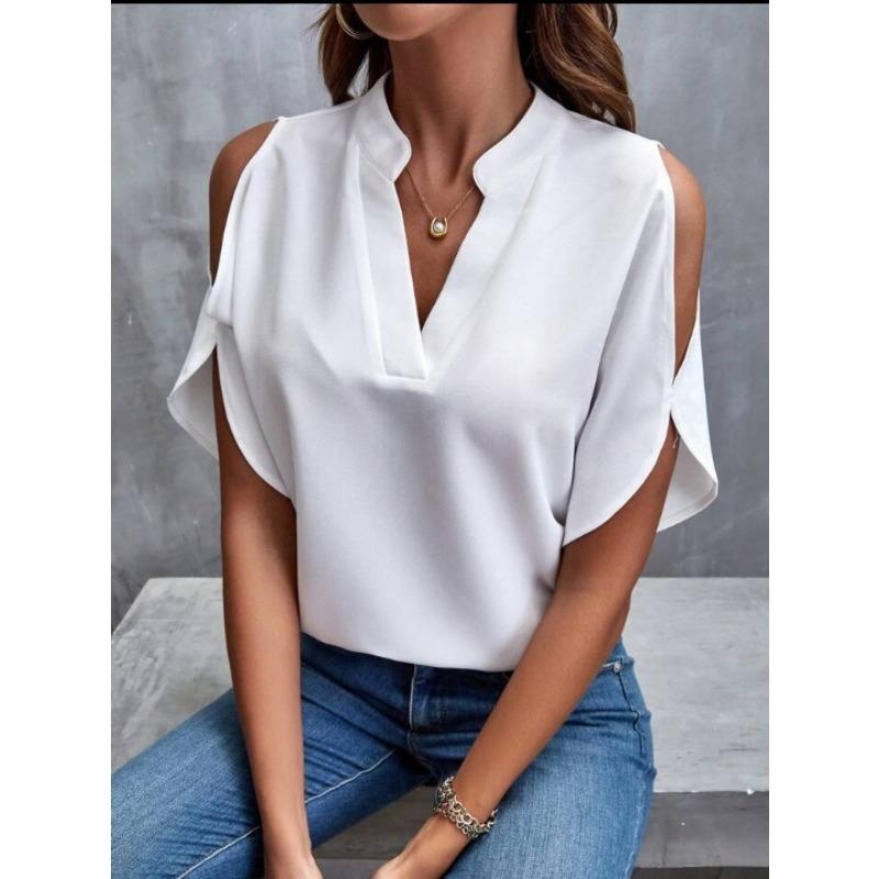 BITCED Women's Fashion Casual Solid Color Print Short Sleeve V Neck Blouses & Shirts