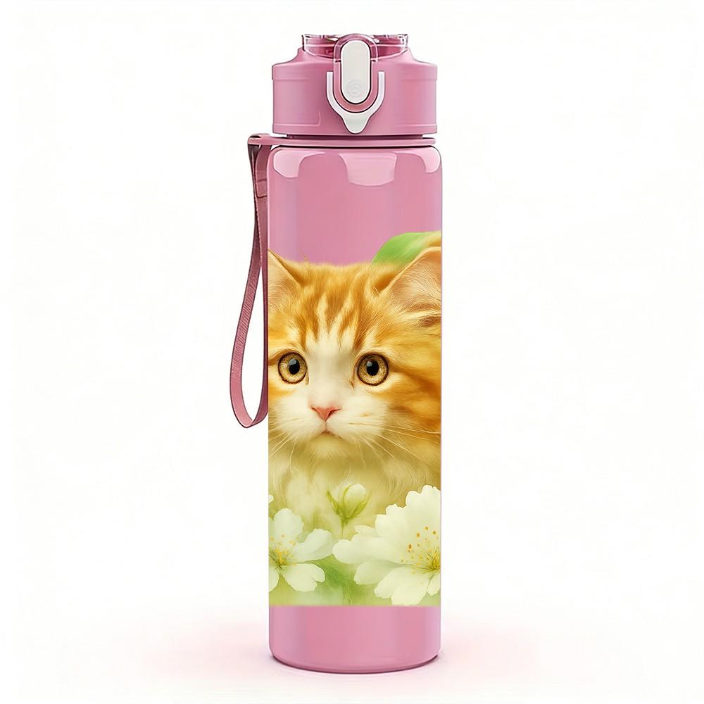 1PC Cat White Chrysanthemum Print 750ml Color Plastic Sports Water Bottle Leakproof Flip Straw Lid Suitable for Sports Office Home Use