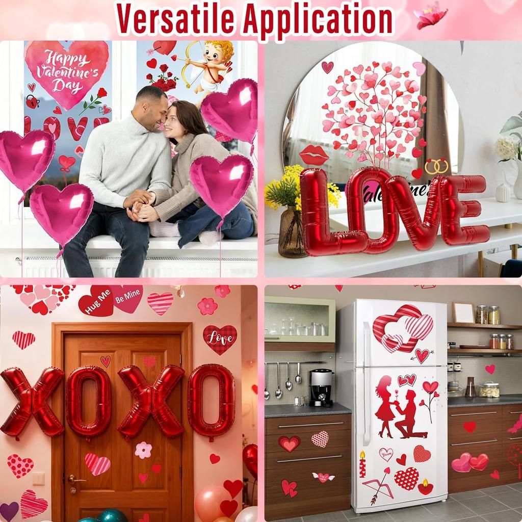 WOHOHOHO 181Pcs Valentines Day Window Clings Decorations, 10 Sheets Valentine's Day Window Stickers, LOVE & XOXO Banner, 12Pcs Heart-Shaped Balloons.