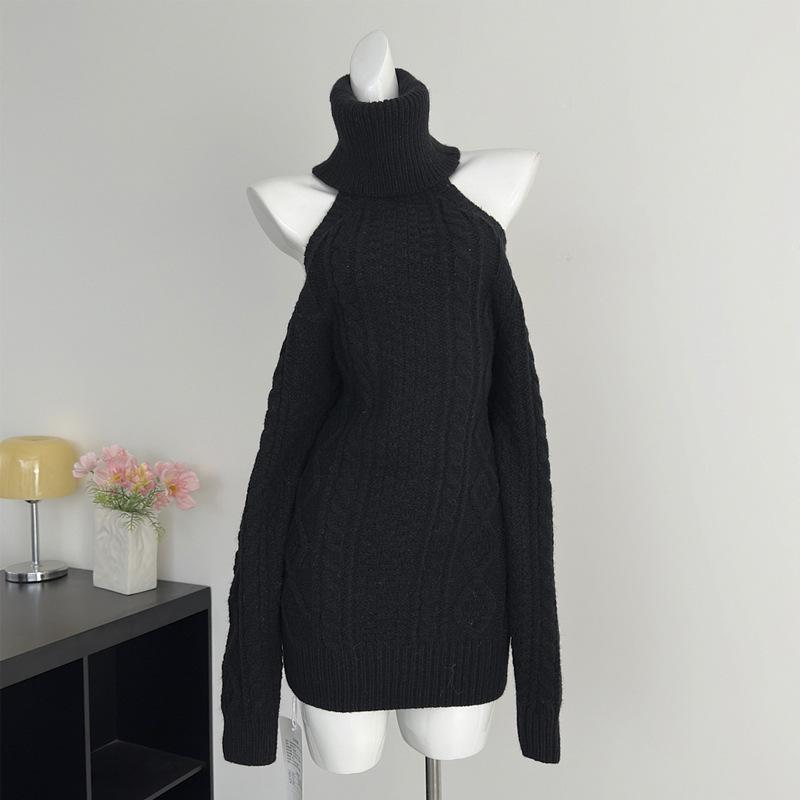 

Autumn Winter Personalized Off-Shoulder High Neck Knit Dress - Loose Long Sleeve Bodycon Skirt for Women Small чорний