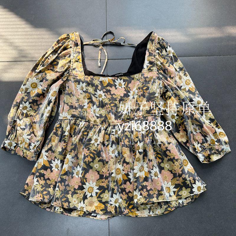 

Export Mitto Home Large Square Collar Secret Garden Princess Style Pearl Half Sleeve Chiffon Simple Slimming Tops Summer Black background flowers S