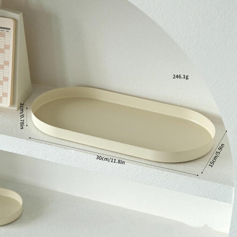 Oval Long Metal Storage Tray Matte Cream Decorative Organizer Plate for Bathroom Vanity Jewelry Cosmetic Holder
