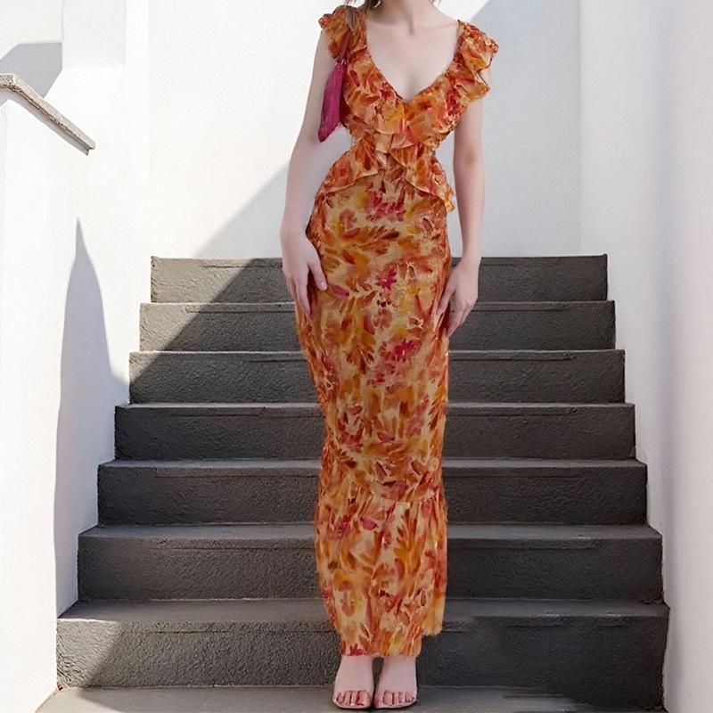 

Новое платье с открытой спиной с принтом V-образный вырез Новый стиль с оборками 3XL оранжевый