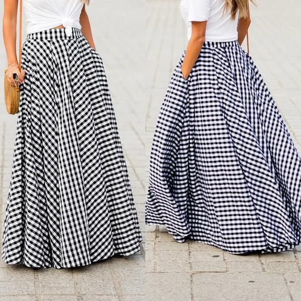S-5XL Fashion Women High Waist Pleated Maxi Skirts Pockets Plaid Long Dress