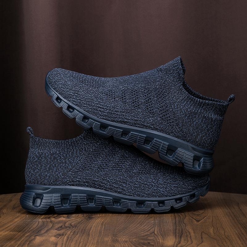 

New couple high-top socks shoes lightweight fly-woven casual sports shoes for men and women 45 темно-синий