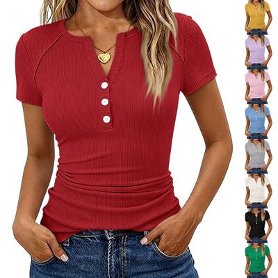 Damski Casualowy Kolorowy Nowy Top T-shirt z Krótkim Rękawem, Ozdobnym Guzikiem i Dekoltem V