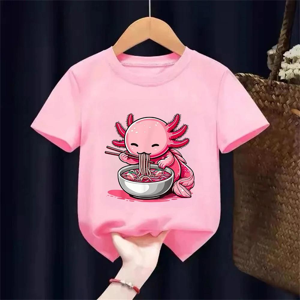 Anime Kawaii Axolotl Eating Ramen Noodles Kids Teen Girl Boy TShirt Cute Artwork Axolotl Lover Graphic Top Japanese Cartoon Tee