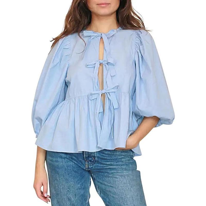 Spring and Summer Sweet and Casual Lace-up Striped Women's Blouses & Shirts