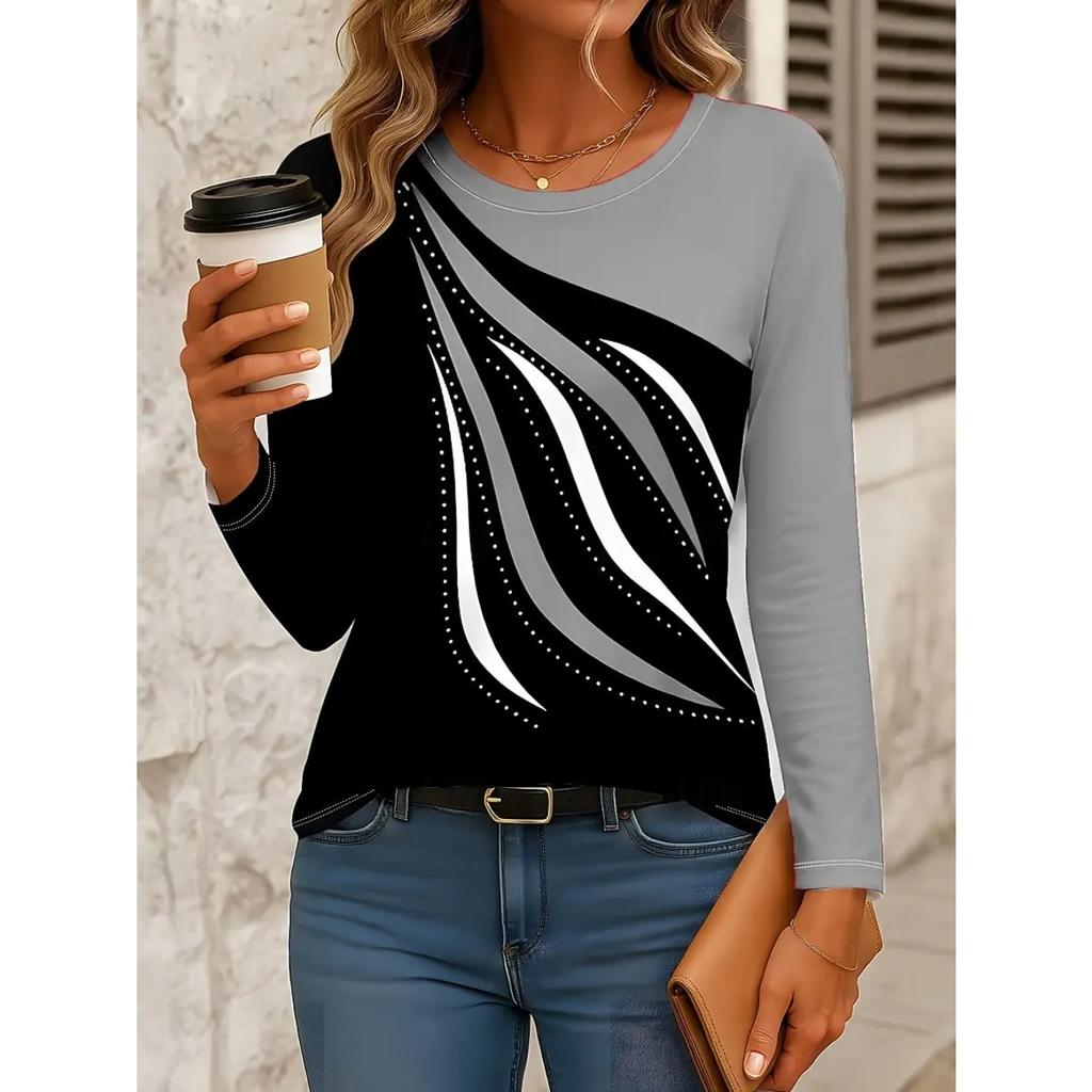 Casual Long Sleeve Tops Geometric Abstract Graphic 3D Printed T-shirts Round Neck Fall Winter Streetwear Pullover