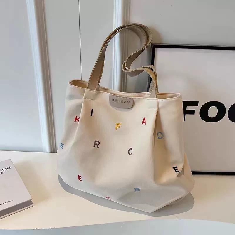 Elegant Large-Capacity Shoulder Bag Canvas Embroidered Letter Student Tote Bag Lightweight Women Handbag For Women