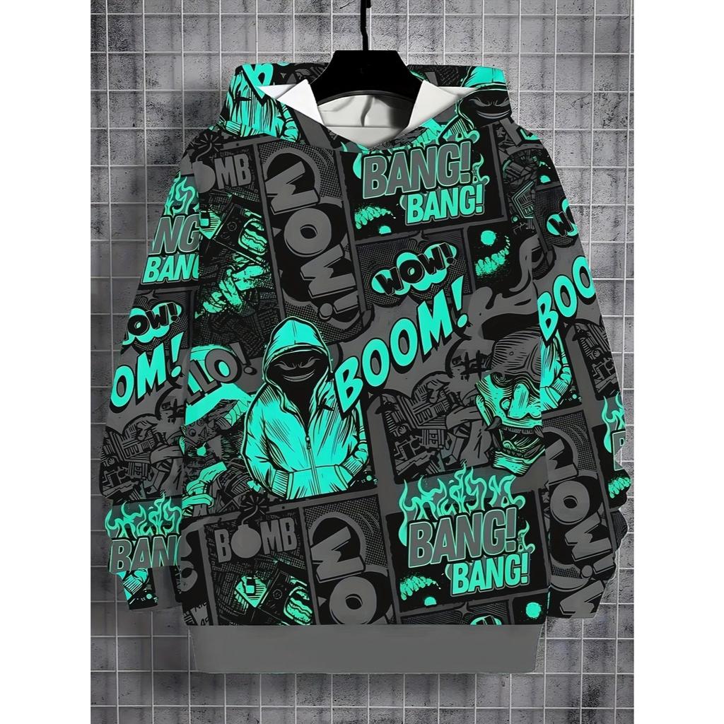 Boys' Street Style Manga Graffiti Digital Printed Hoodie, Cool Street Trendy Item