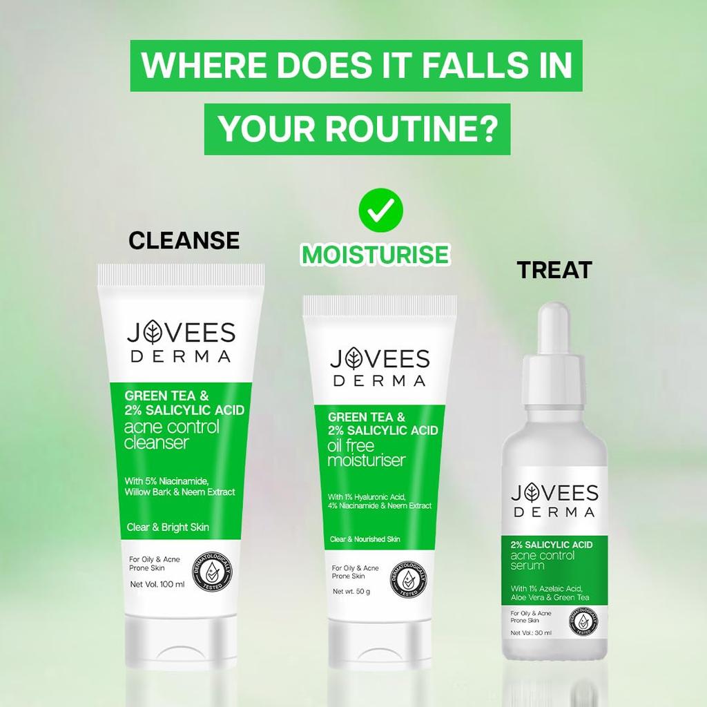 Jovees Green Tea Light Moisturizer For Oily Acne Prone Skin | Hydrating Non Sticky Cream With Niacinamide & Hyaluronic Acid 50g Pack