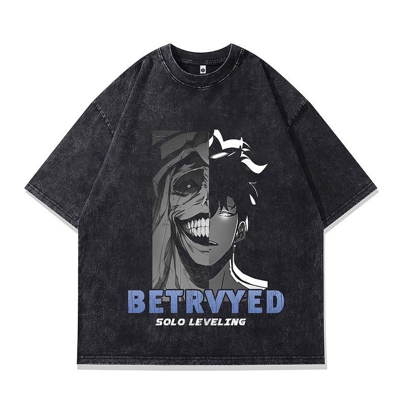 Men'S Clothing Washed And Old Cotton Short-Sleeved T-Shirt Japanese Animation Direct Injection Printing Loose Half-Sleeved Vintage Top