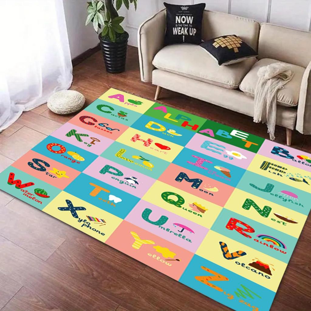 Alphabet Learning Kids Rug Educational ABC Letters with Illustrations Floor Mat for Preschool Bedroom Nursery Classroom Decor