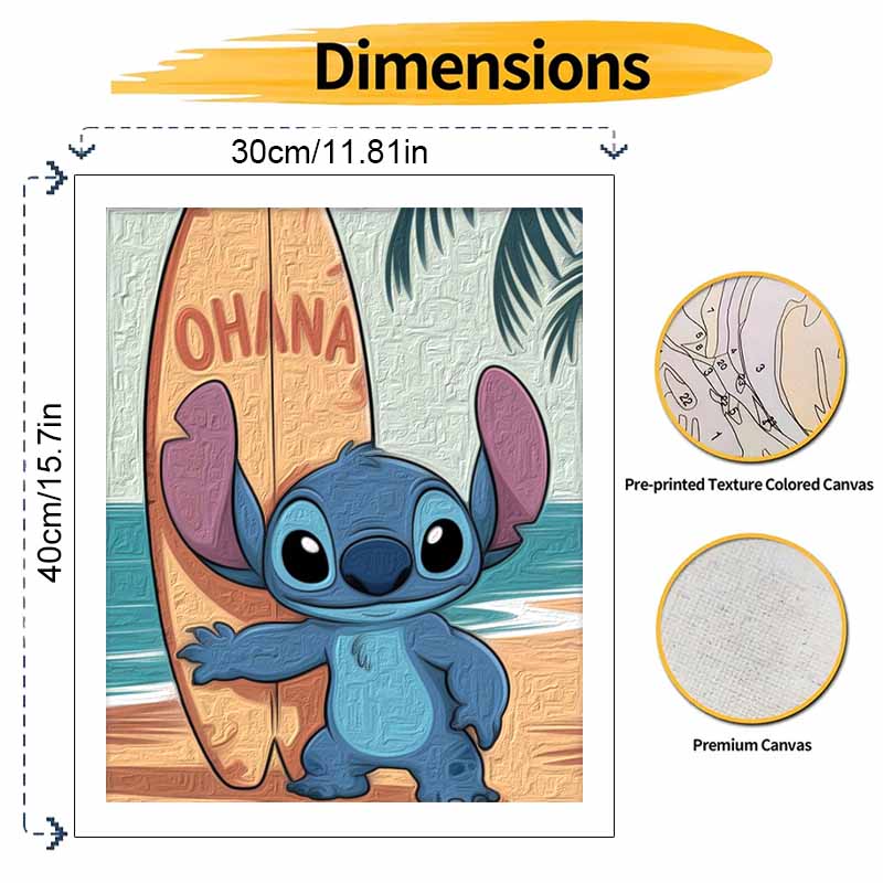 Disney Oil Painting DIY Digital Painting Stitch with Surfboard Tropical Beach Wall Art for Living Room and Entryway Decor.