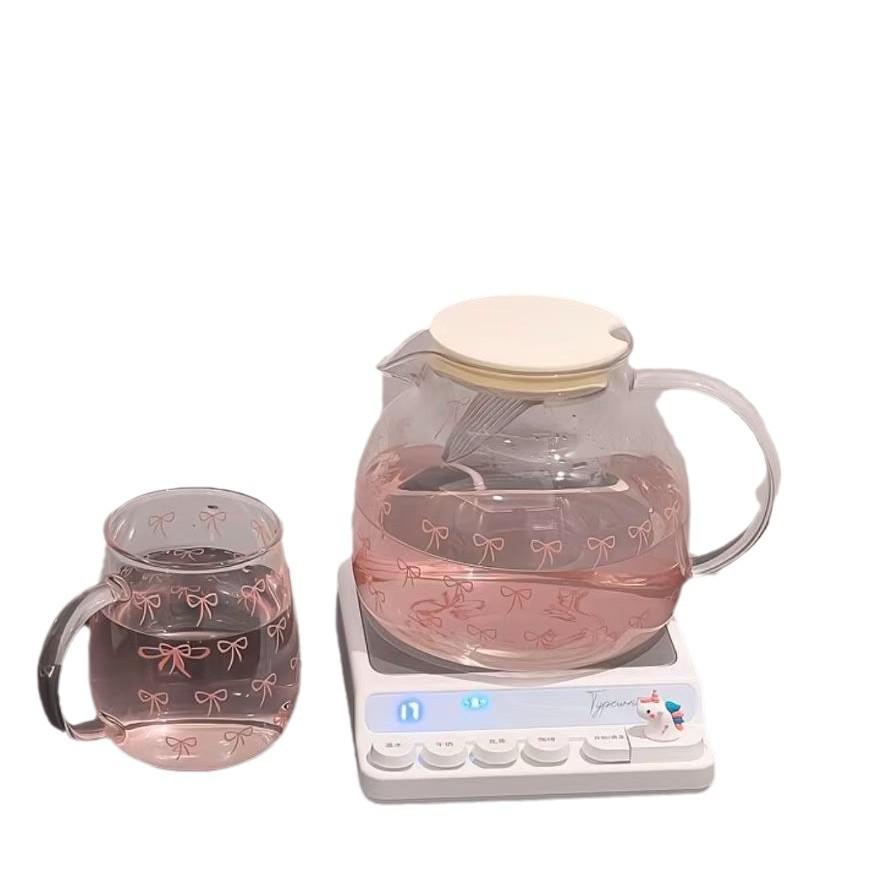 Sweet Bow Heat-Resistant Glass Tea Kettle and Cup Set - Large Capacity