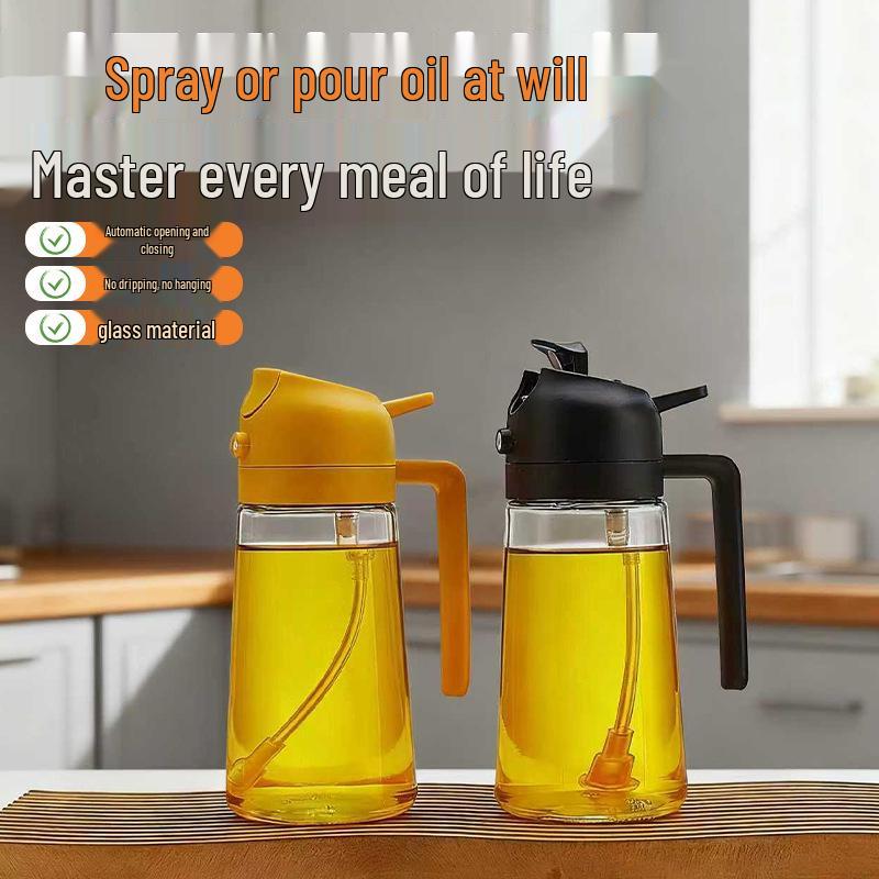 Dual-Use Spray & Pour Oil Bottle with Precise Control, Thick Glass, Large Diameter, Leak-Proof Design.