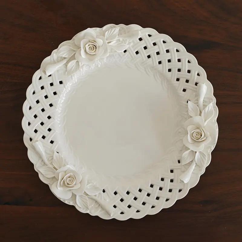 Prato de Jantar Ocidental de Cerâmica de 10" Estilo Fino da Corte Europeia Prato Floral de Rosa Amassado à Mão Prato de Coleção de Arte Pratos de Alta Qualidade