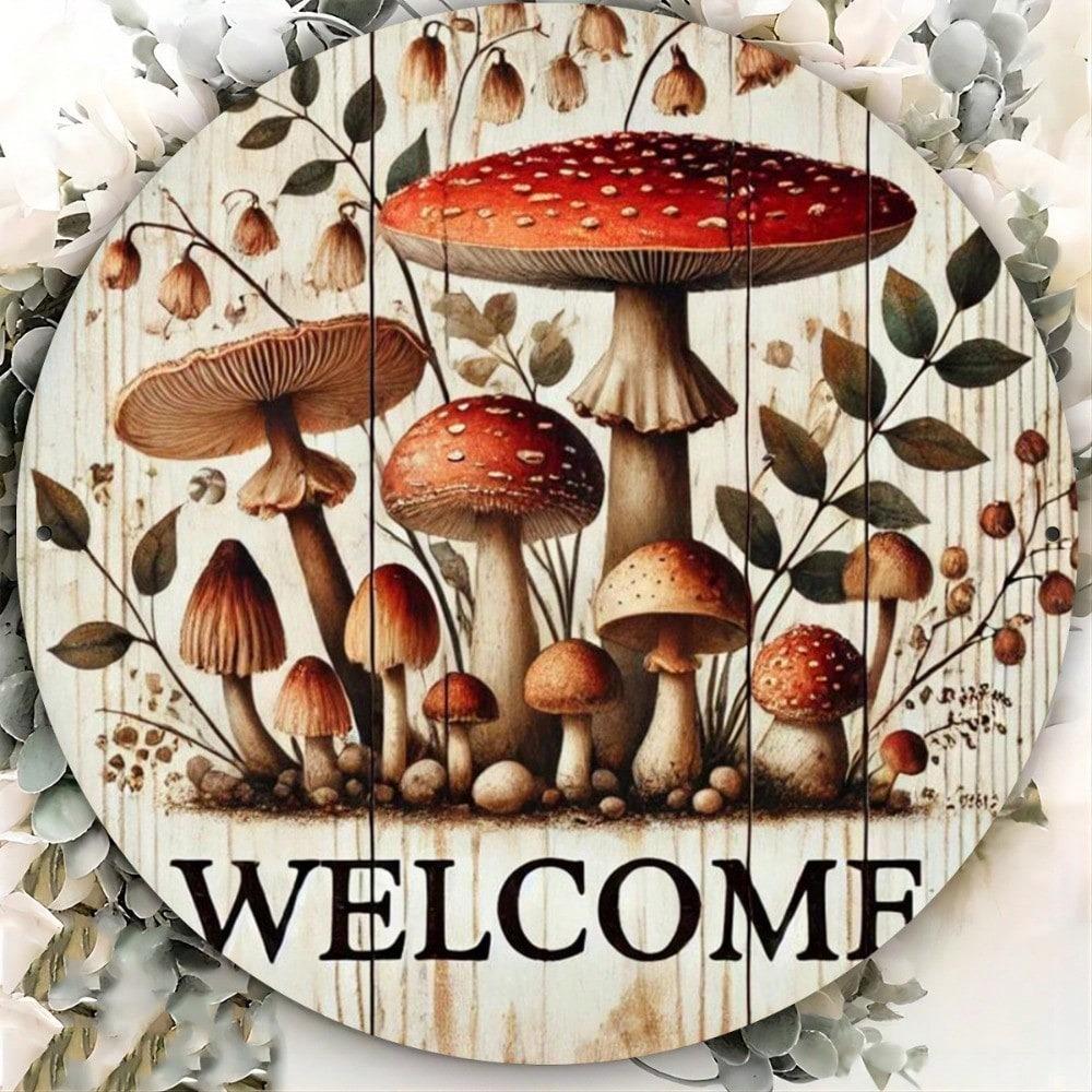 Metal Mushroom Sign Round Wall Art For Home Decor Garden Porch Plaque 7.8x7.8 Inch